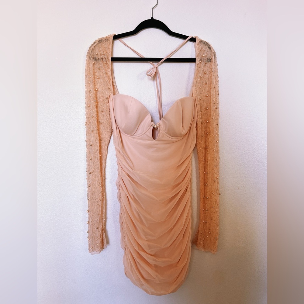 Oh Polly Peach Mesh Ruched Mini Dress - Picture 2 of 7